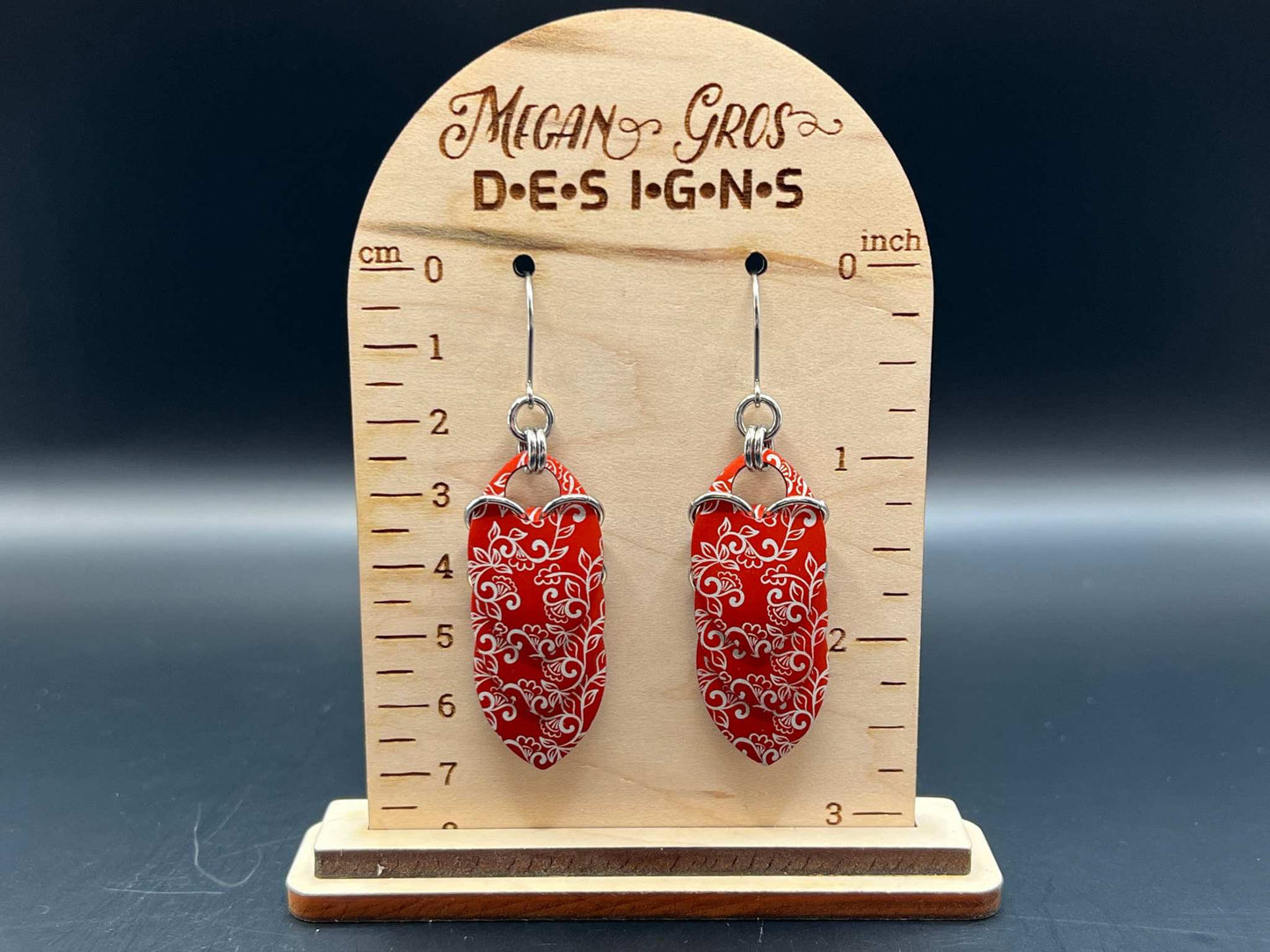 Red Filigree Scales Laser Engraved Anodized Aluminum Scalemaille Earrings, Stainless Steel Hooks, Approx. 2.75" in Length Including Hook