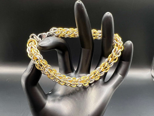 Foxtail Solid Stainless Steel & 24k Gold-Plated Stainless Steel Bracelet Chainmaille Stainless Steel Lobster Clasp, Adjustable 8.5-9.5" Long