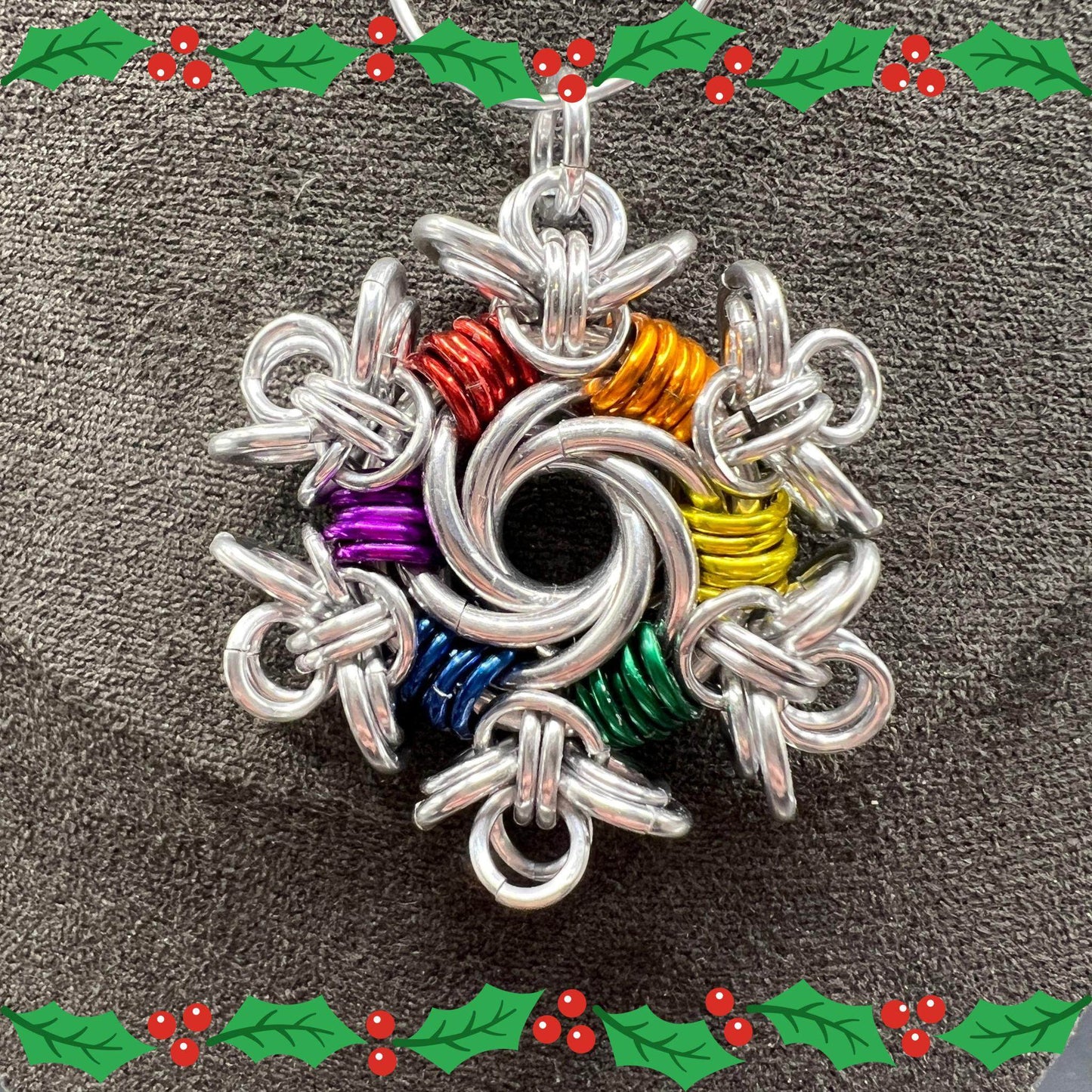 Silver & Rainbow Vortex Snowflake Christmas Ornament, Anodized Aluminum Measuring Approx. 1.75" Tall, Holiday Ornament, Holidays