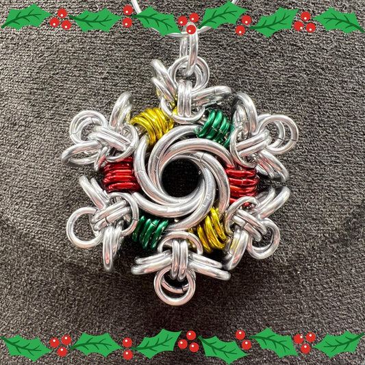 Silver, Red, Green & Gold Vortex Snowflake Christmas Ornament, Anodized Aluminum Measuring Approx. 1.75" Tall, Holiday Ornament, Holidays