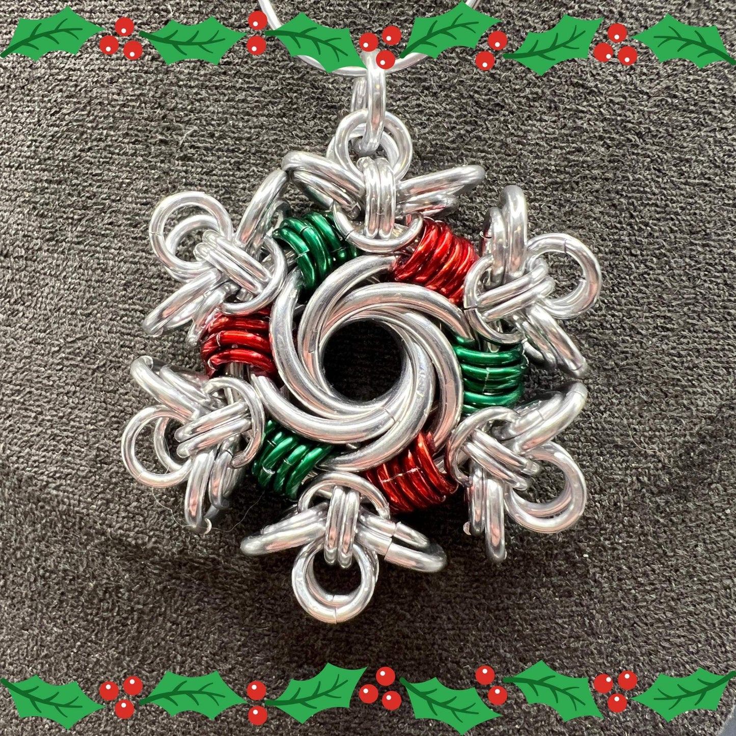 Silver, Red & Green Vortex Snowflake Christmas Ornament, Anodized Aluminum Measuring Approx. 1.75" Tall, Holiday Ornament, Holidays