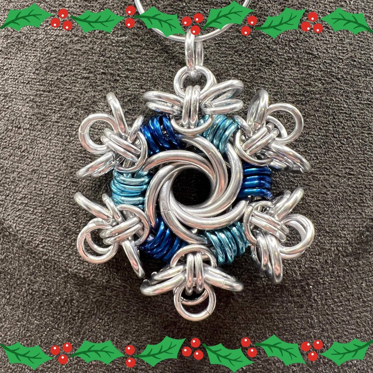 Silver & Blue Vortex Snowflake Christmas Ornament, Anodized Aluminum Measuring Approx. 1.75" Tall, Holiday Ornament, Holidays