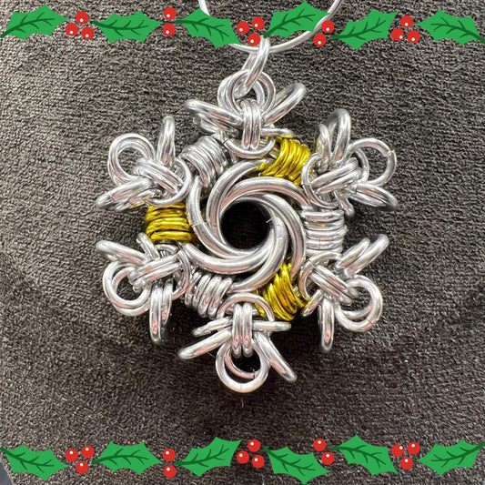 Silver & Gold Vortex Snowflake Christmas Ornament, Anodized Aluminum Measuring Approx. 1.75" Tall, Holiday Ornament, Holidays