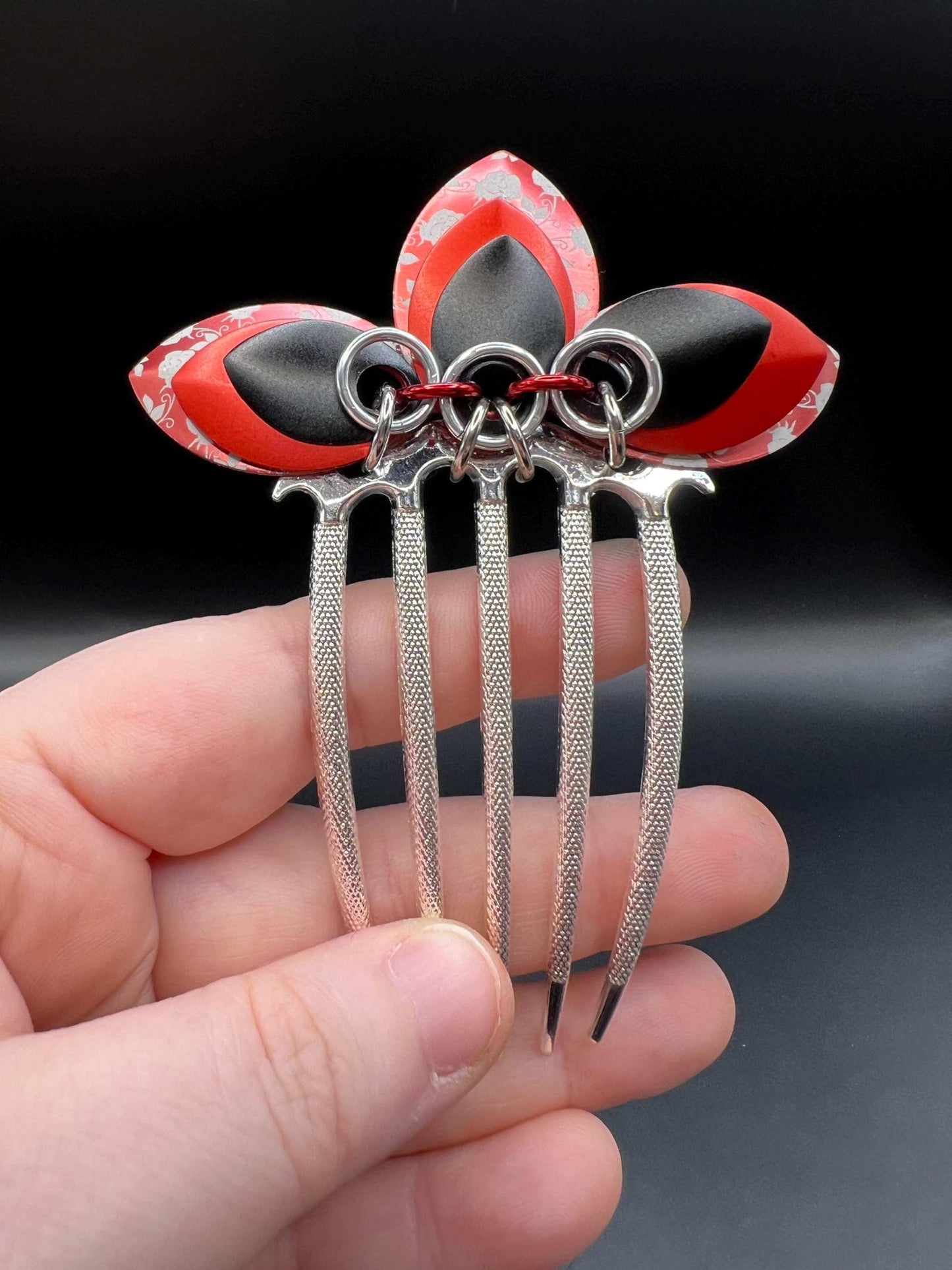 Large Black & Red Engraved Scalemaille Fan Hair Comb Measuring approx. 4" Long