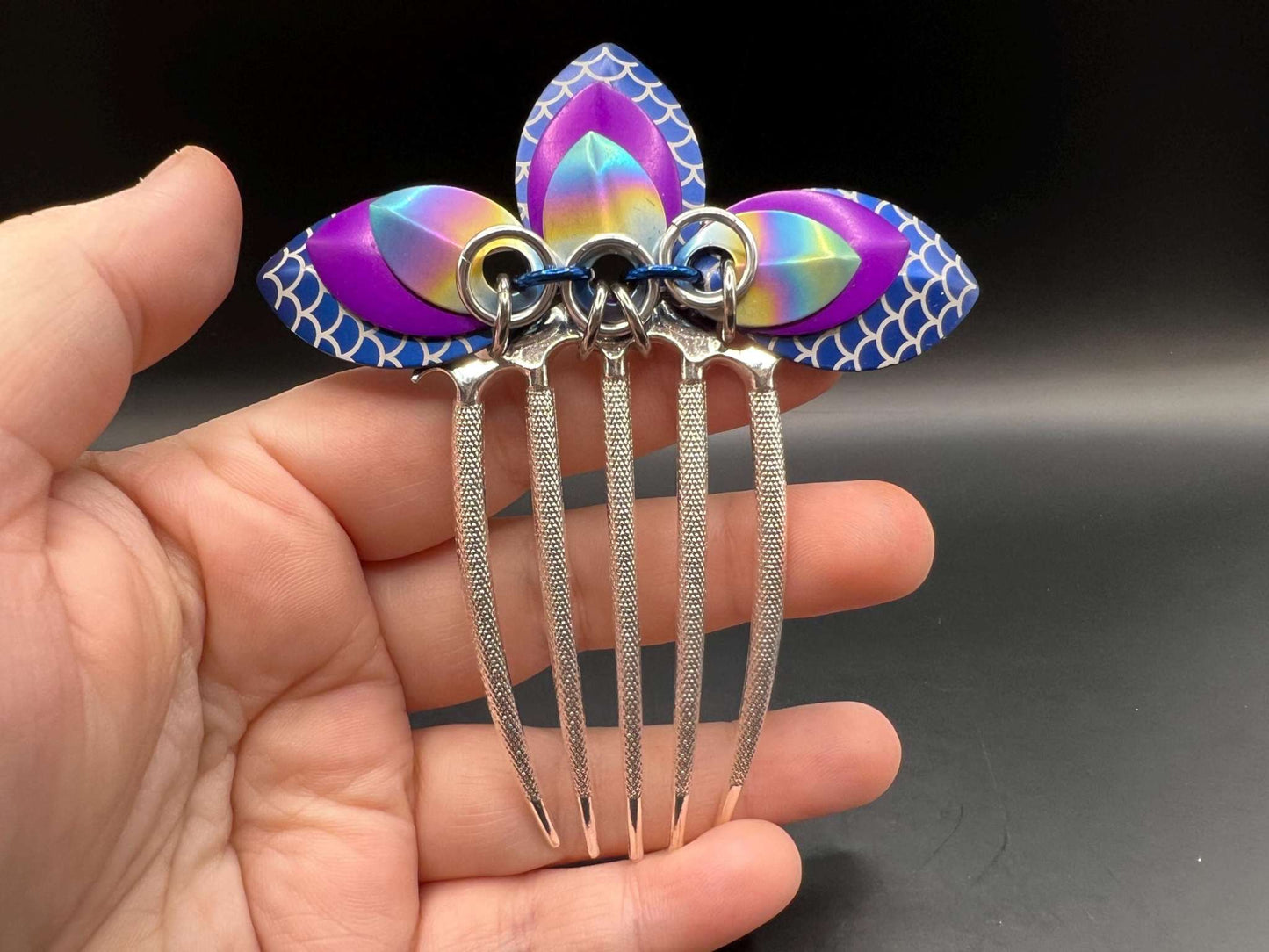 Large Mermaid Colours Engraved Scalemaille Fan Hair Comb Measuring approx. 4" Long