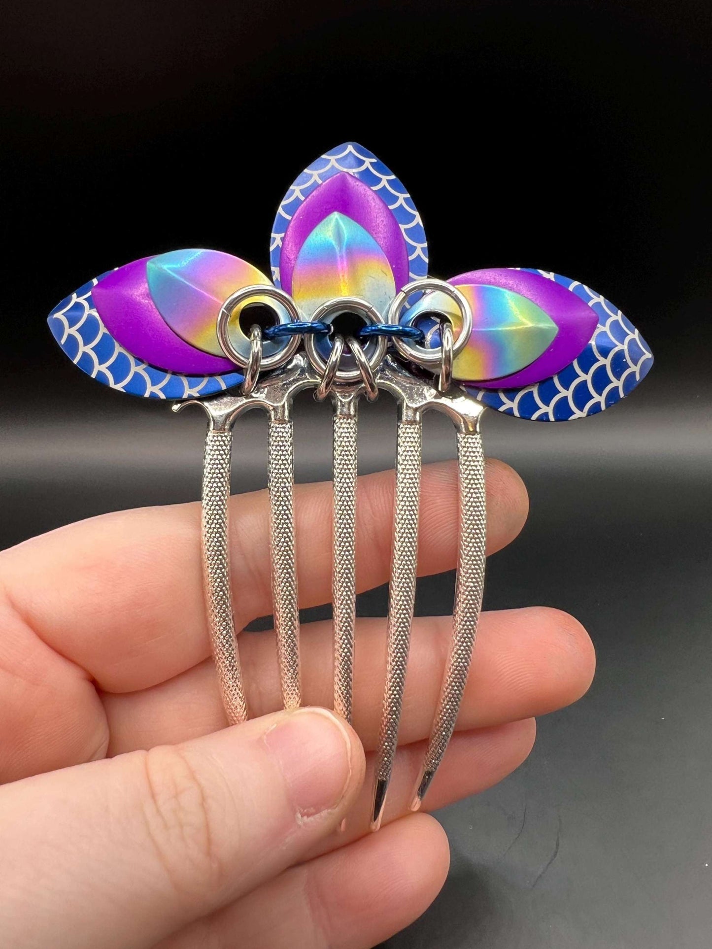 Large Mermaid Colours Engraved Scalemaille Fan Hair Comb Measuring approx. 4" Long