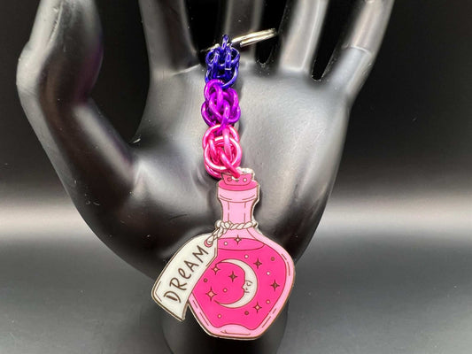 Pink & Purple Dream Potion Bottle Chainmaille Keychain Measuring Approx. 4" Long