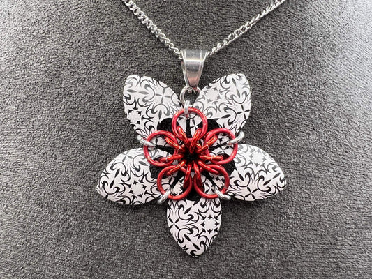 Engraved Scalemaille Flower Pendant, Black & Red, Measuring Approx. 2" Long