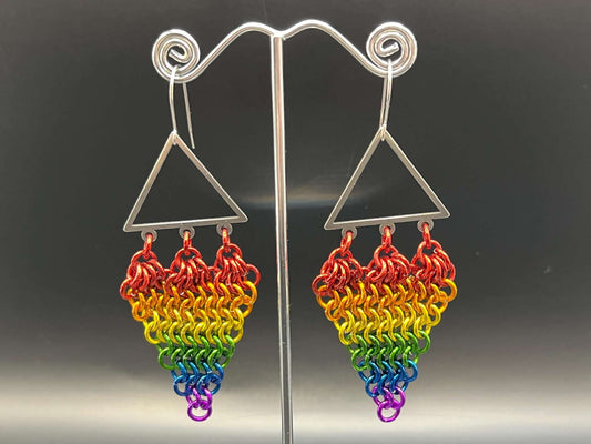 Rainbow Triangle Chainmaille Earrings Measuring Approx. 3.5" Long