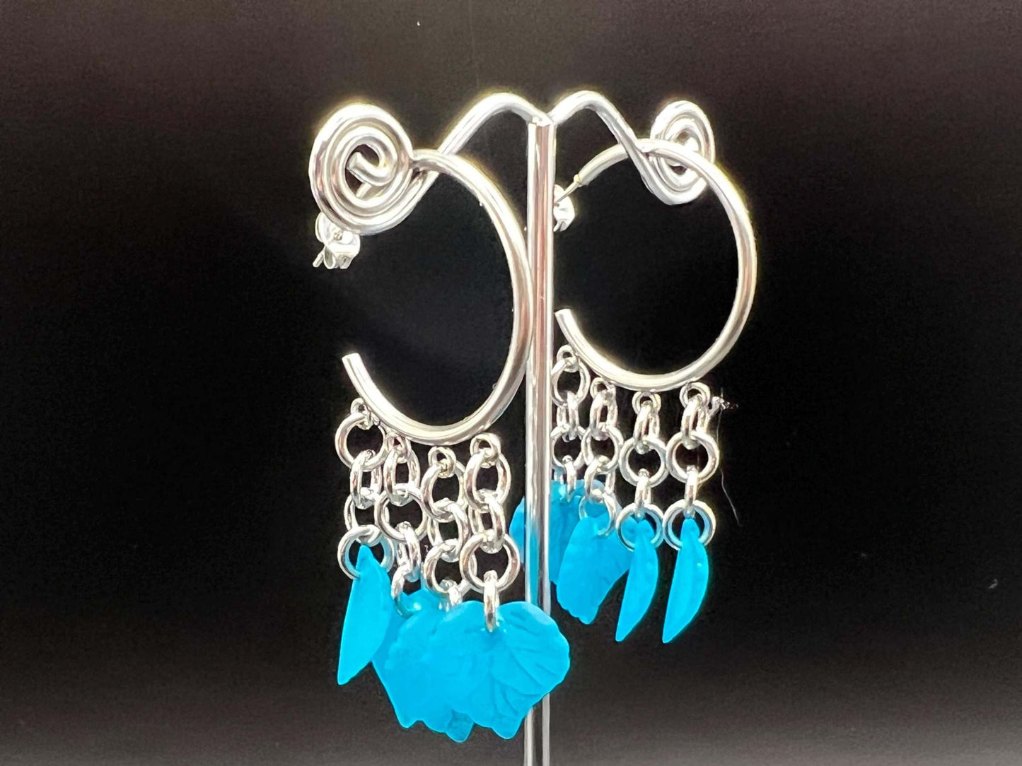 Stainless Steel Blue Elven Leaf Leaf Accented Chainmaille Hoop Earrings Measuring Approx. 2.5" Long