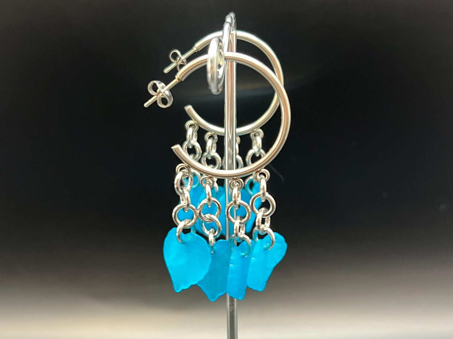 Stainless Steel Blue Elven Leaf Leaf Accented Chainmaille Hoop Earrings Measuring Approx. 2.5" Long