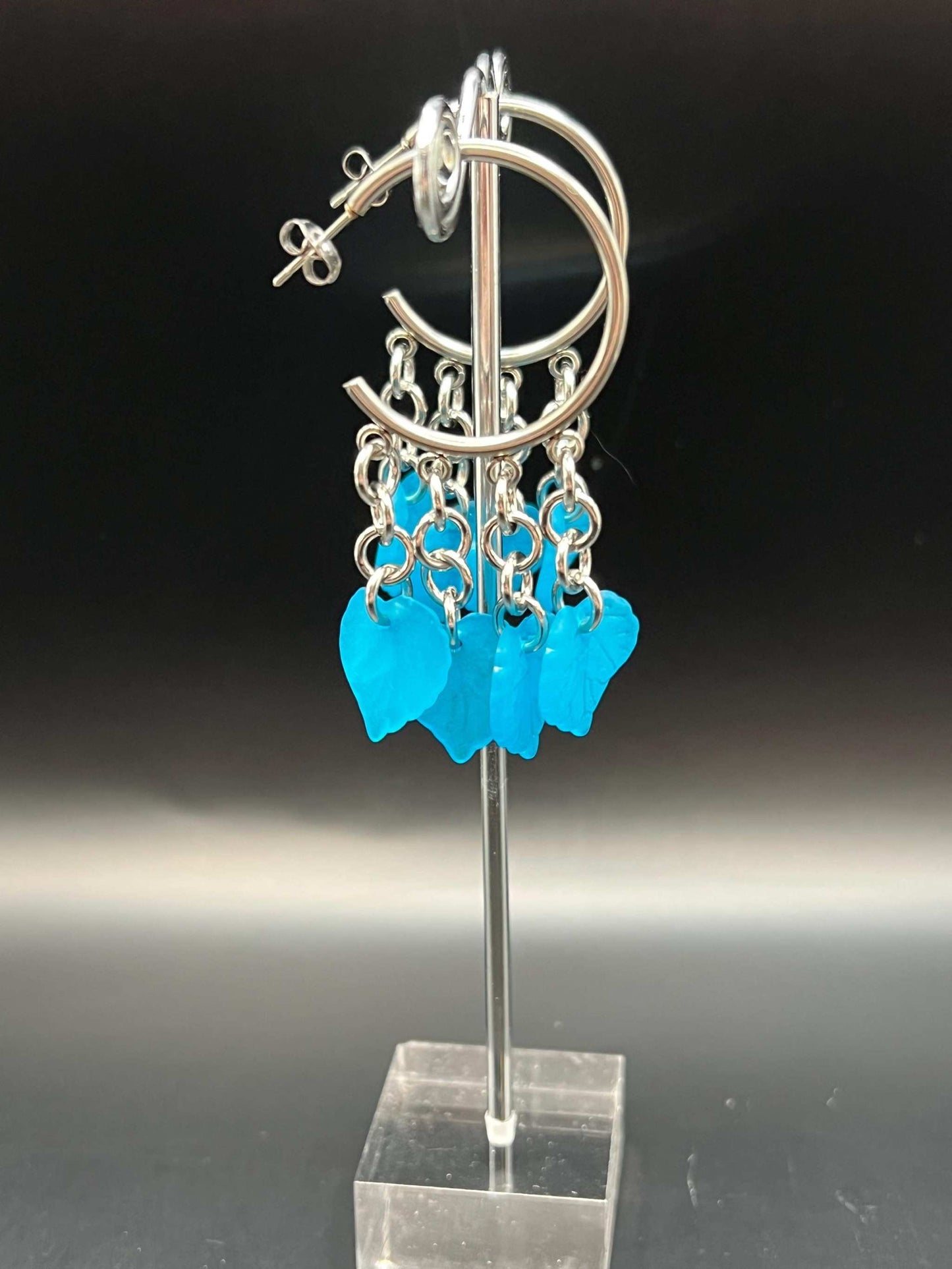 Stainless Steel Blue Elven Leaf Leaf Accented Chainmaille Hoop Earrings Measuring Approx. 2.5" Long