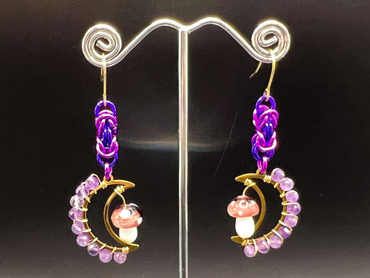 Purple Amethyst-Accented Mushroom Moon Chainmaille Earrings Measuring Approx. 2.75" Long