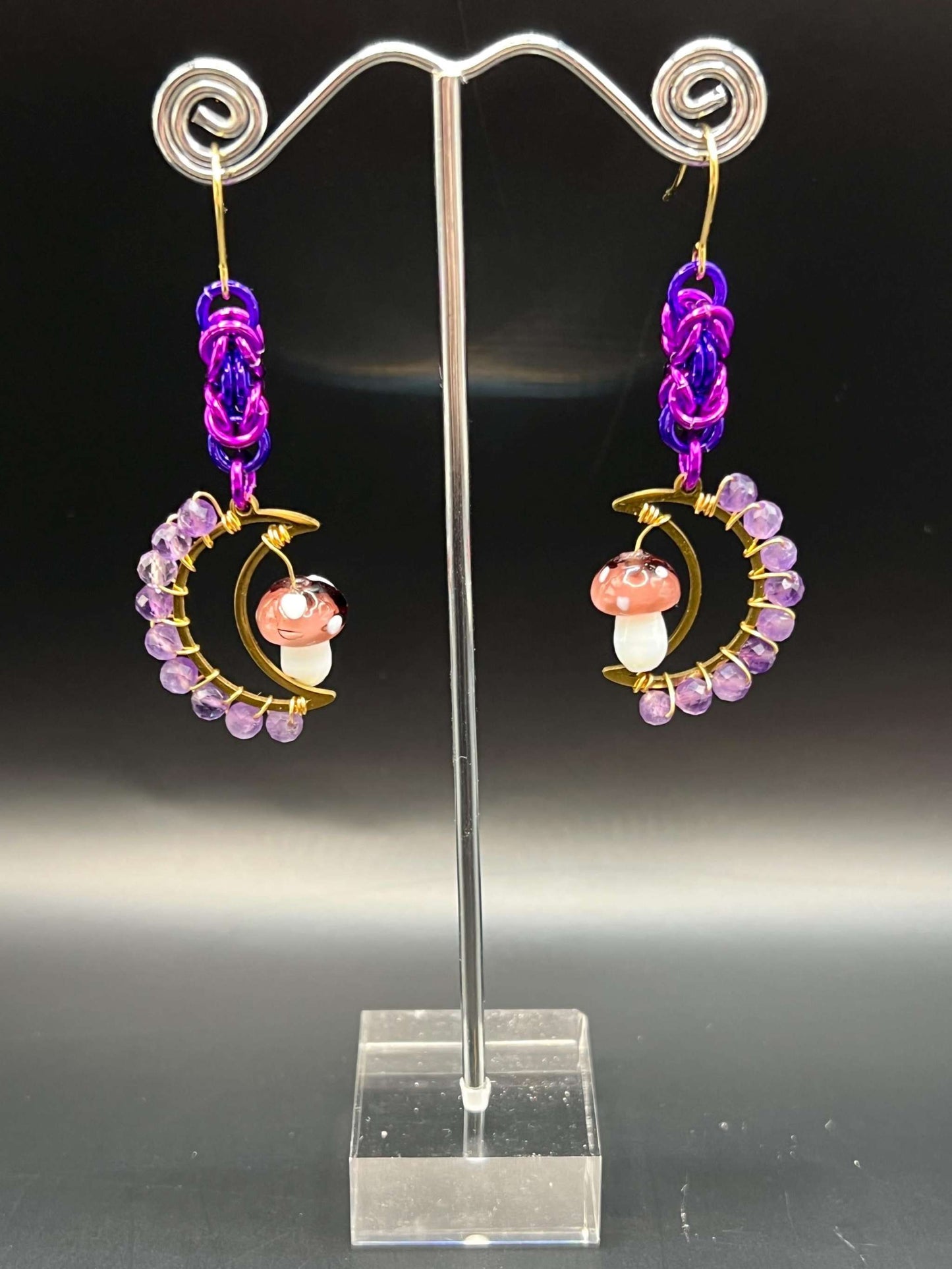 Purple Amethyst-Accented Mushroom Moon Chainmaille Earrings Measuring Approx. 2.75" Long