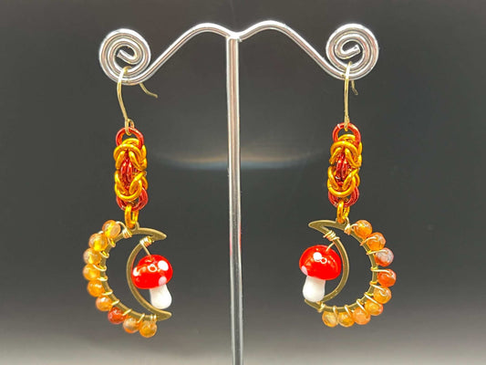 Red Carnelian-Accented Mushroom Moon Chainmaille Earrings Measuring Approx. 2.75" Long