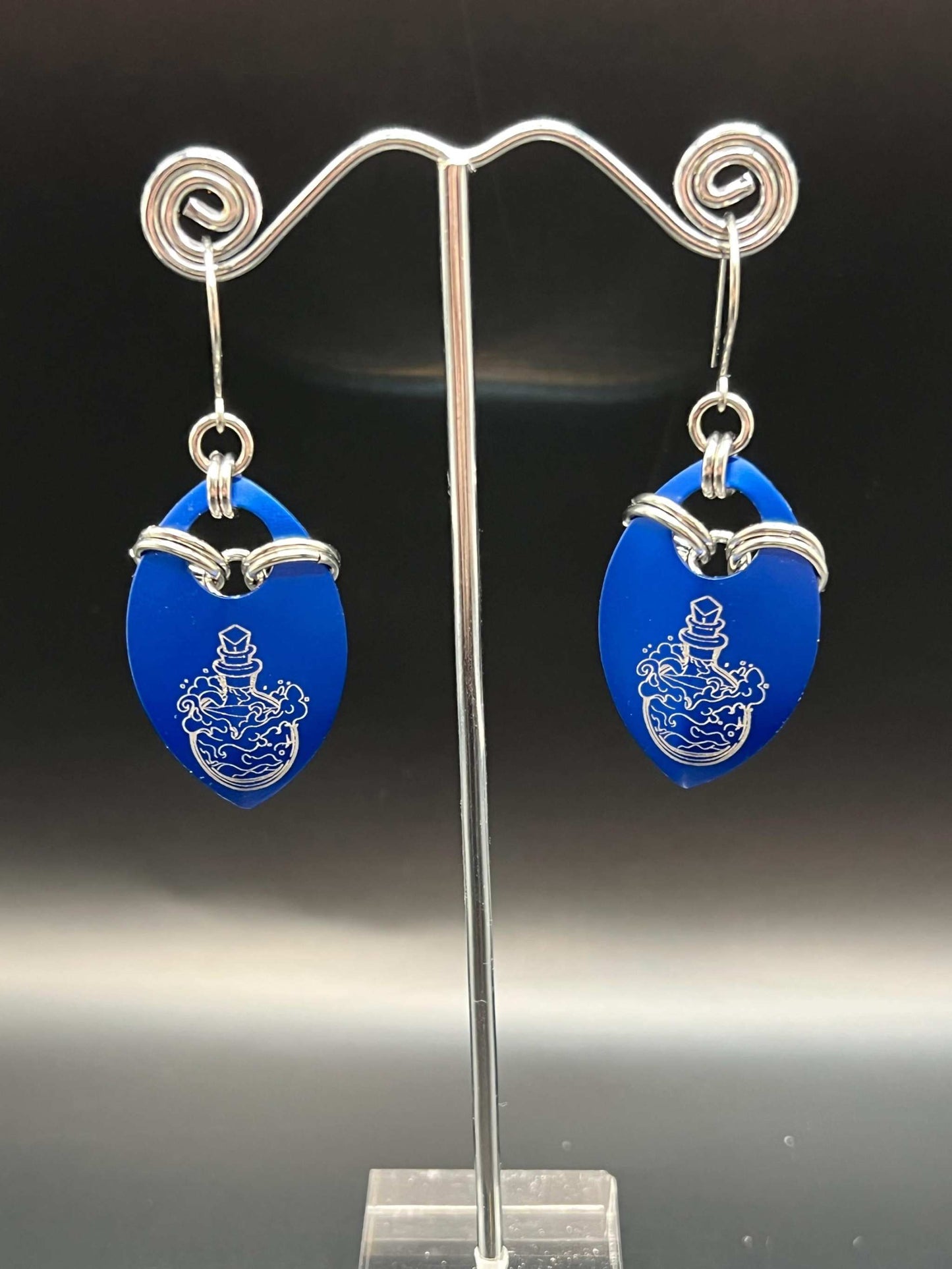 MAGIC Potion Bottle Engraved Scale Earrings Measuring Approx. 2.5" Long