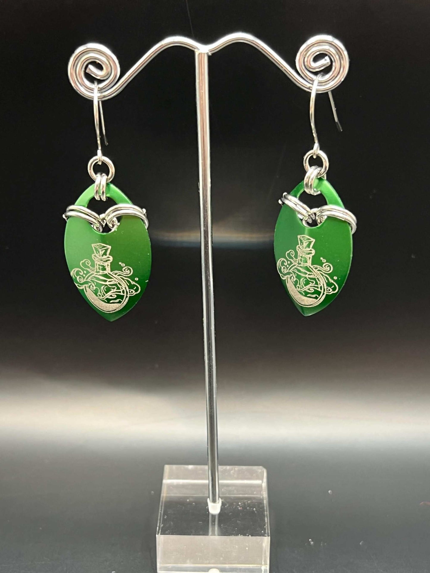 STAMINA Potion Bottle Engraved Scale Earrings Measuring Approx. 2.5" Long