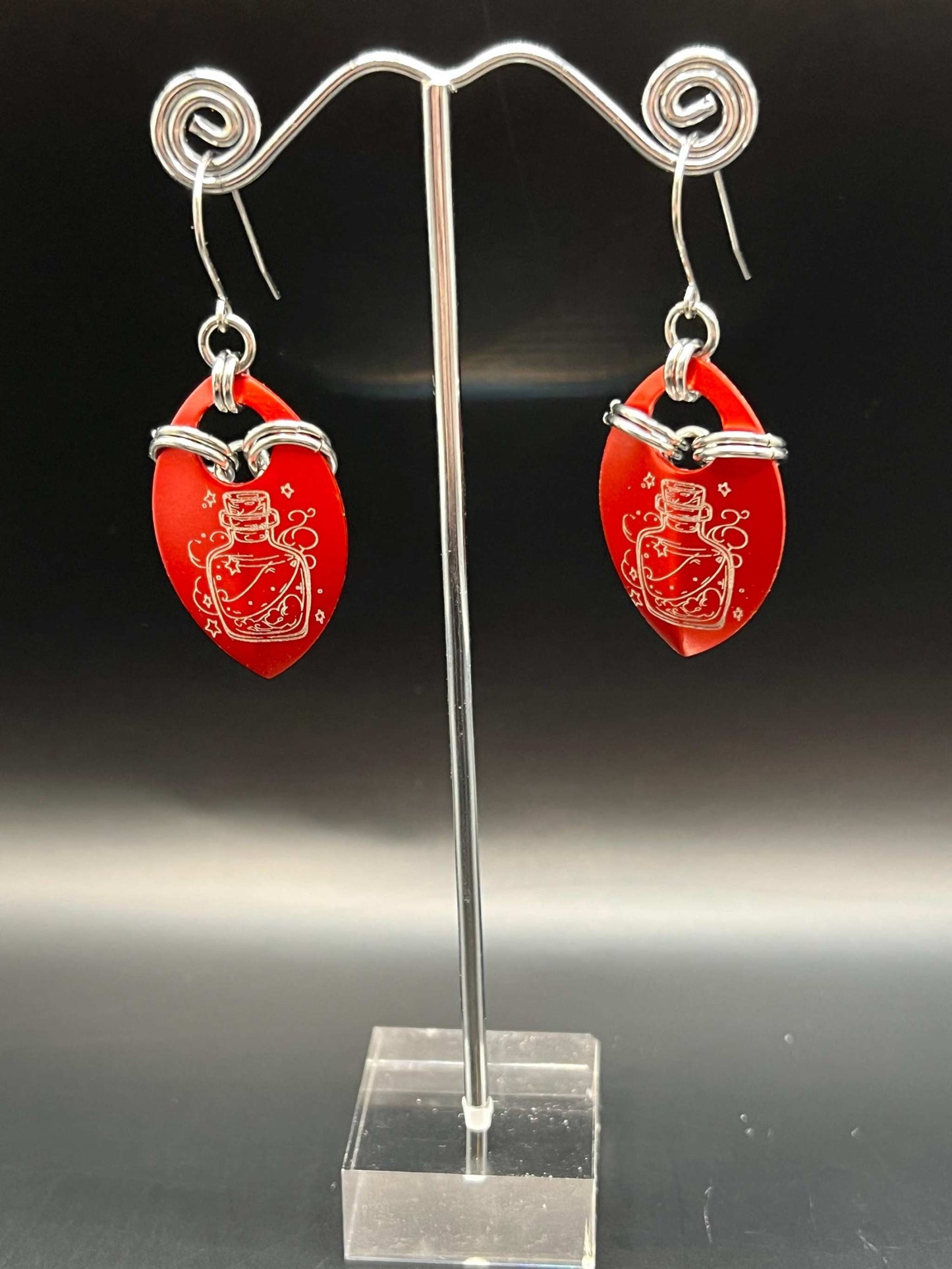 HEALTH Potion Bottle Engraved Scale Earrings Measuring Approx. 2.5" Long