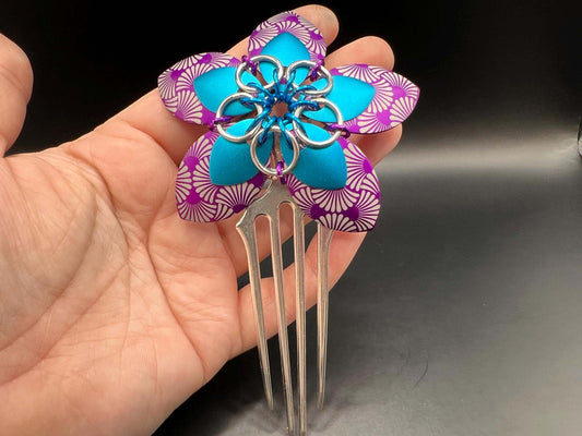 Large Violet & Turquoise Engraved Scalemaille Flower Hair Comb Measuring approx. 5" Long