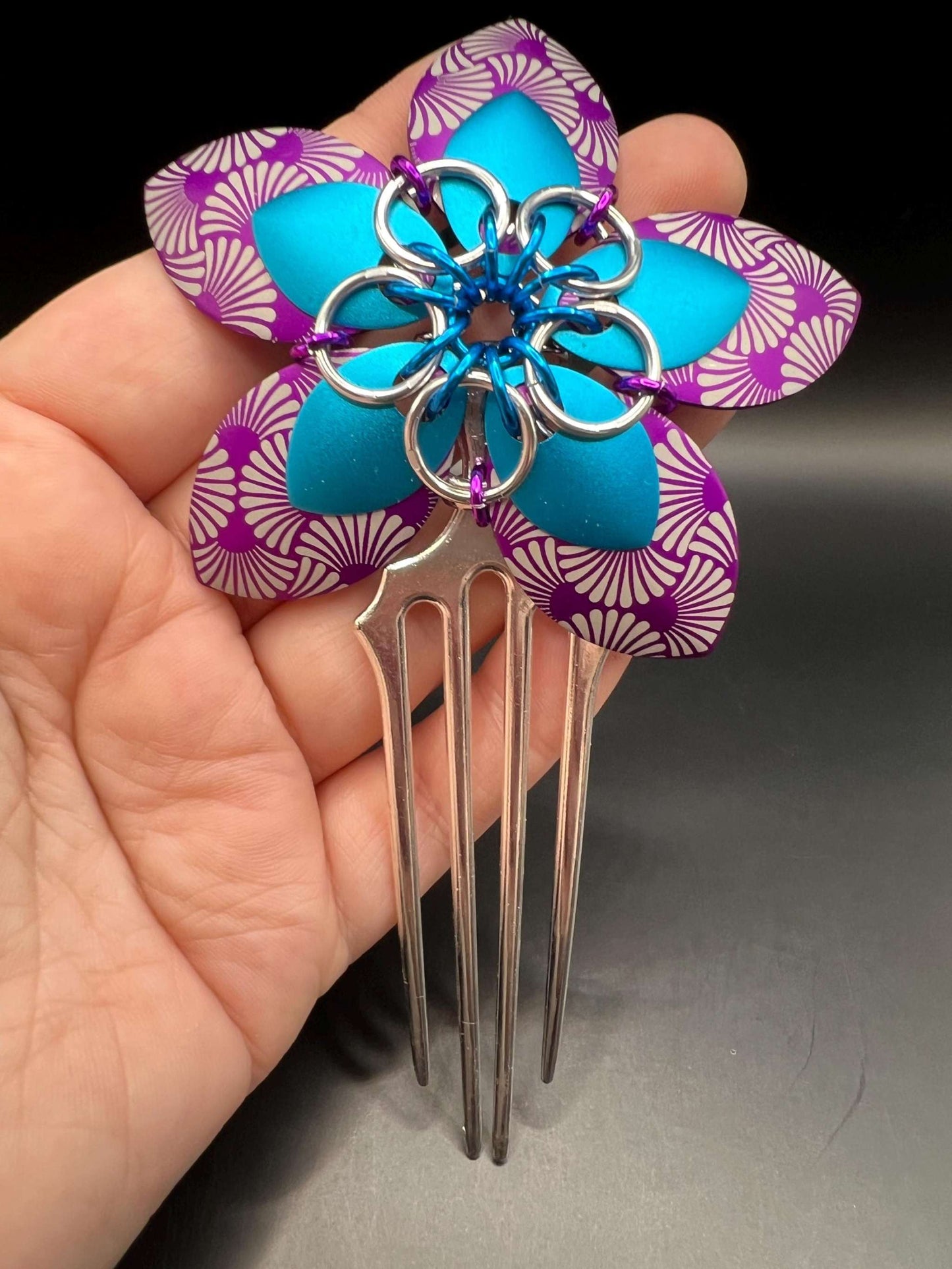 Large Violet & Turquoise Engraved Scalemaille Flower Hair Comb Measuring approx. 5" Long