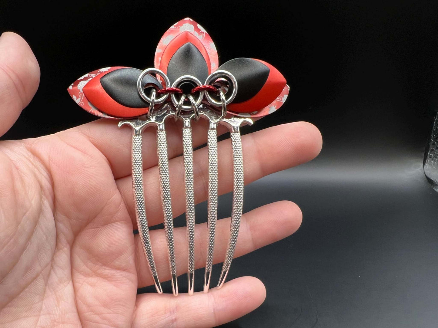 Large Black & Red Engraved Scalemaille Fan Hair Comb Measuring approx. 4" Long