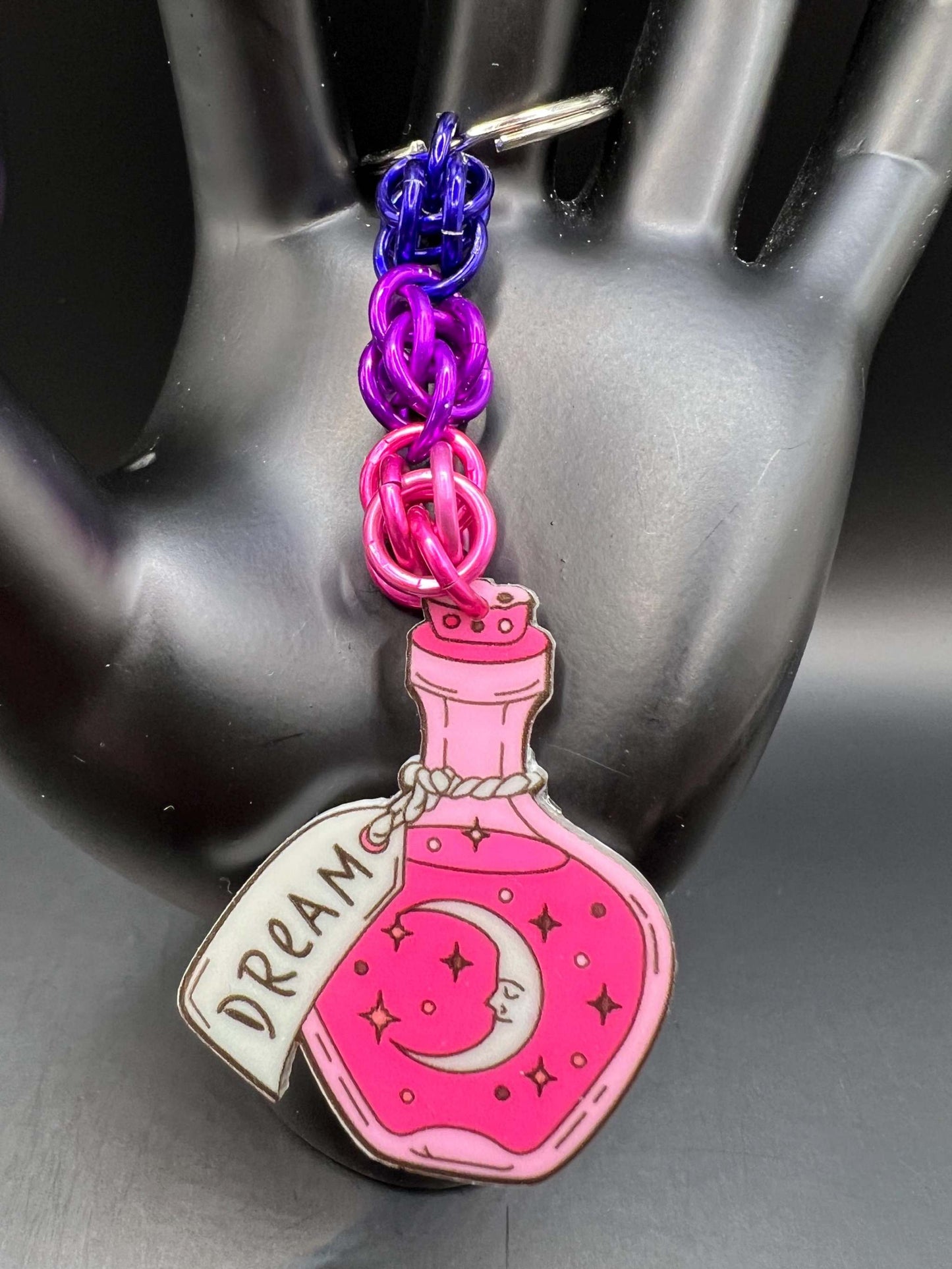 Pink & Purple Dream Potion Bottle Chainmaille Keychain Measuring Approx. 4" Long