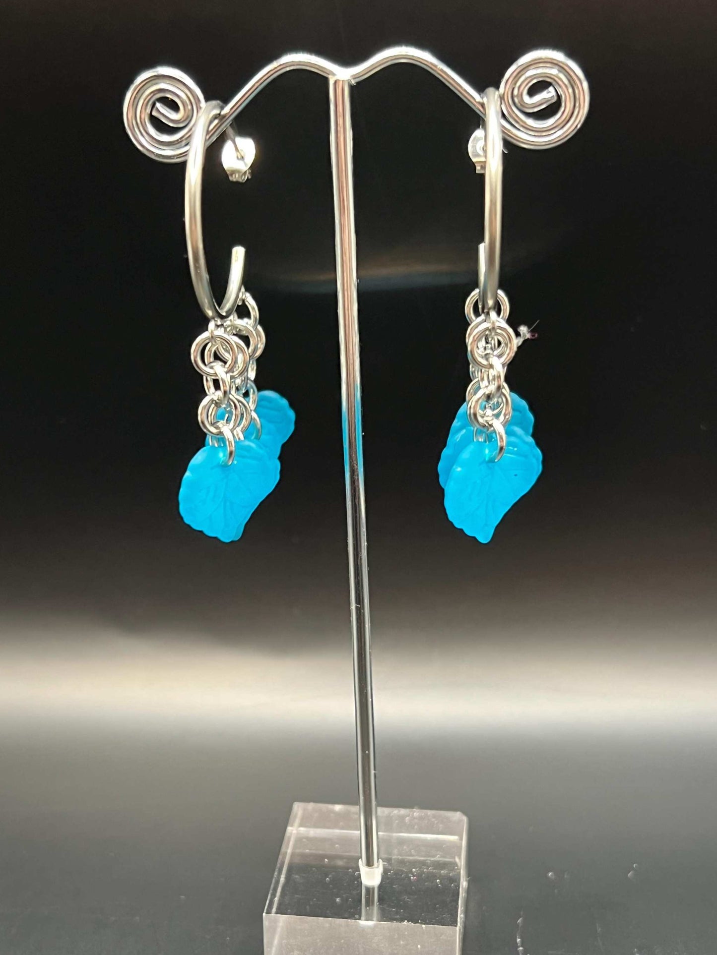 Stainless Steel Blue Elven Leaf Leaf Accented Chainmaille Hoop Earrings Measuring Approx. 2.5" Long