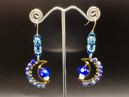 Blue Lapis Lazuli-Accented Mushroom Moon Chainmaille Earrings Measuring Approx. 2.75" Long