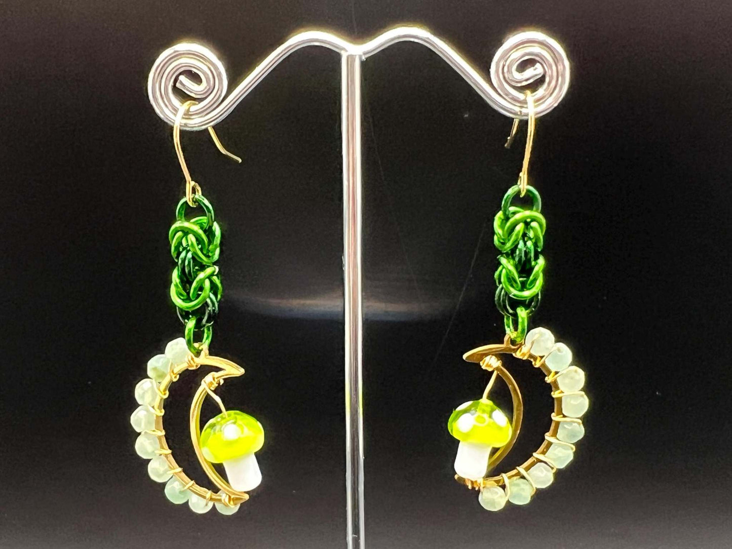 Green Aventurine-Accented Mushroom Moon Chainmaille Earrings Measuring Approx. 2.75" Long