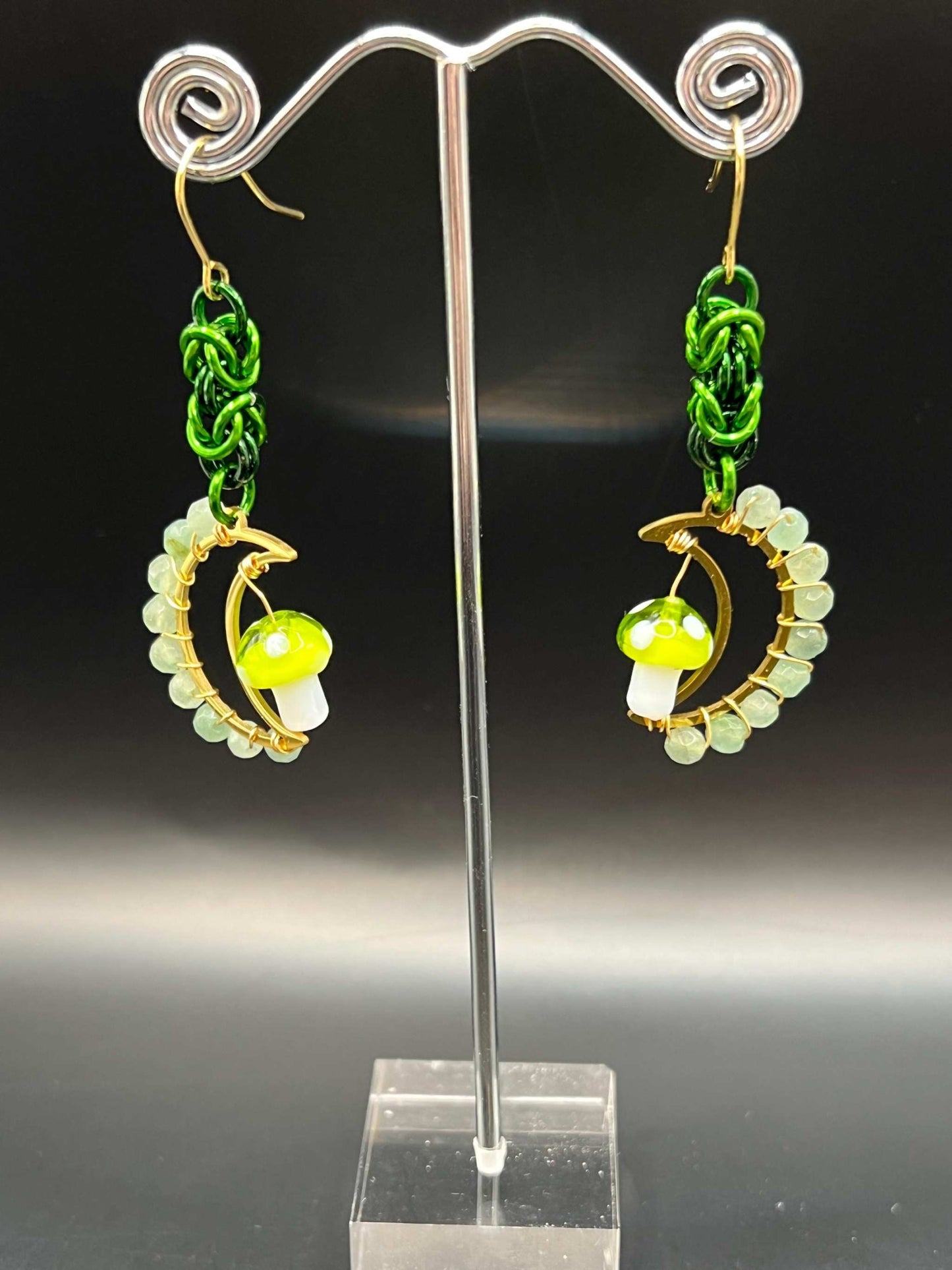 Green Aventurine-Accented Mushroom Moon Chainmaille Earrings Measuring Approx. 2.75" Long