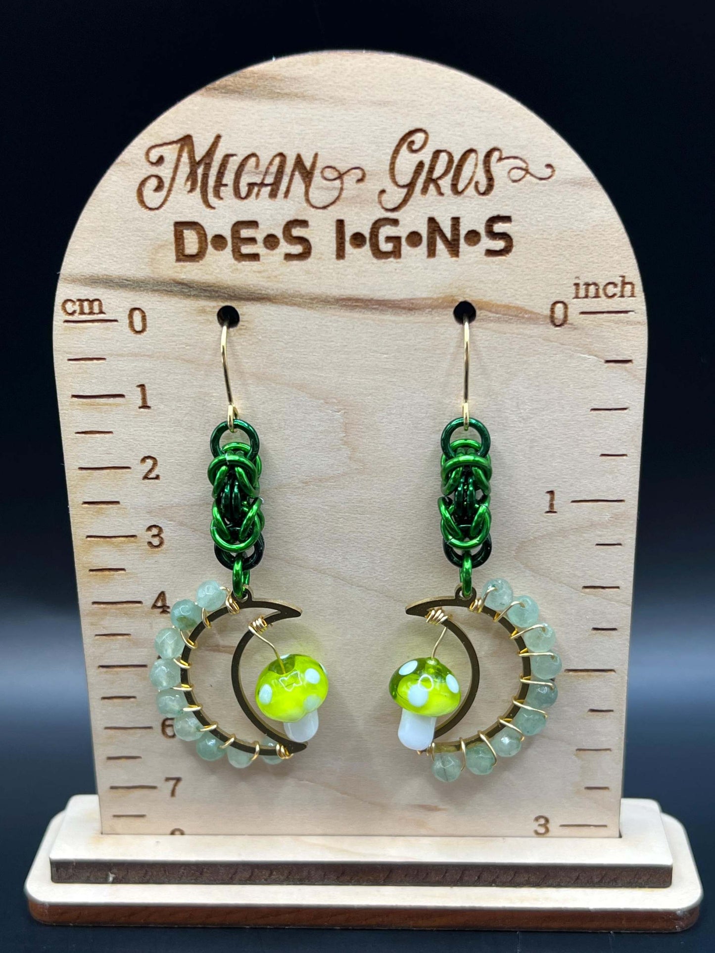 Green Aventurine-Accented Mushroom Moon Chainmaille Earrings Measuring Approx. 2.75" Long