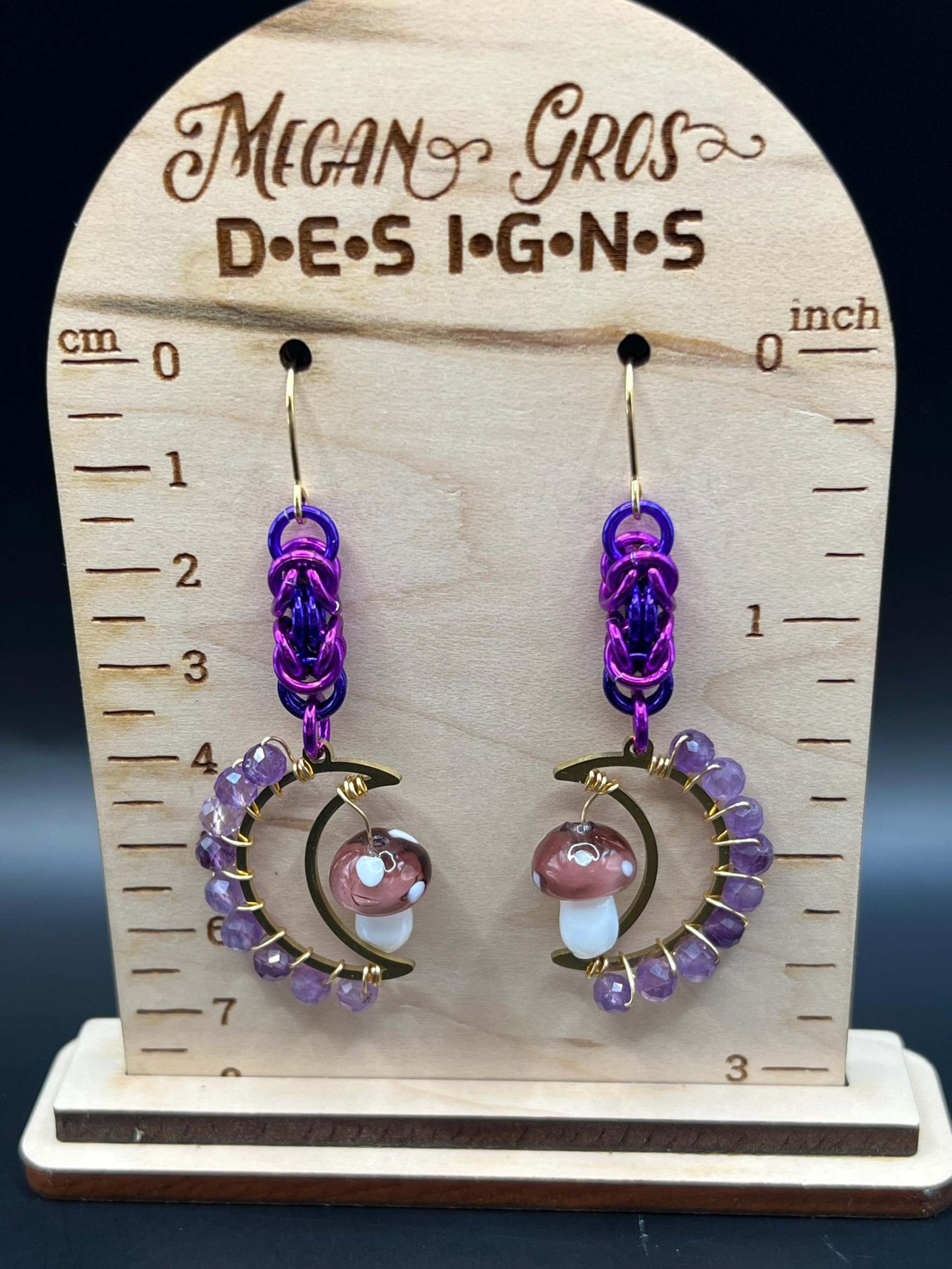 Purple Amethyst-Accented Mushroom Moon Chainmaille Earrings Measuring Approx. 2.75" Long