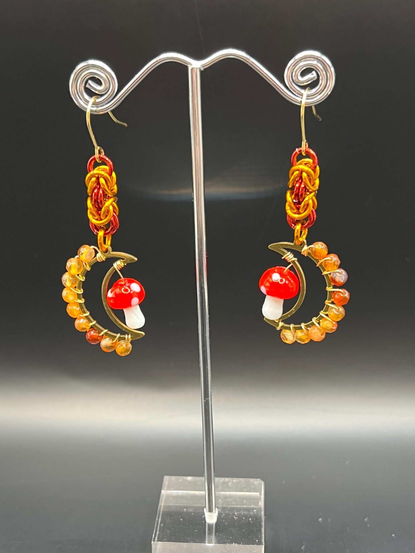 Red Carnelian-Accented Mushroom Moon Chainmaille Earrings Measuring Approx. 2.75" Long