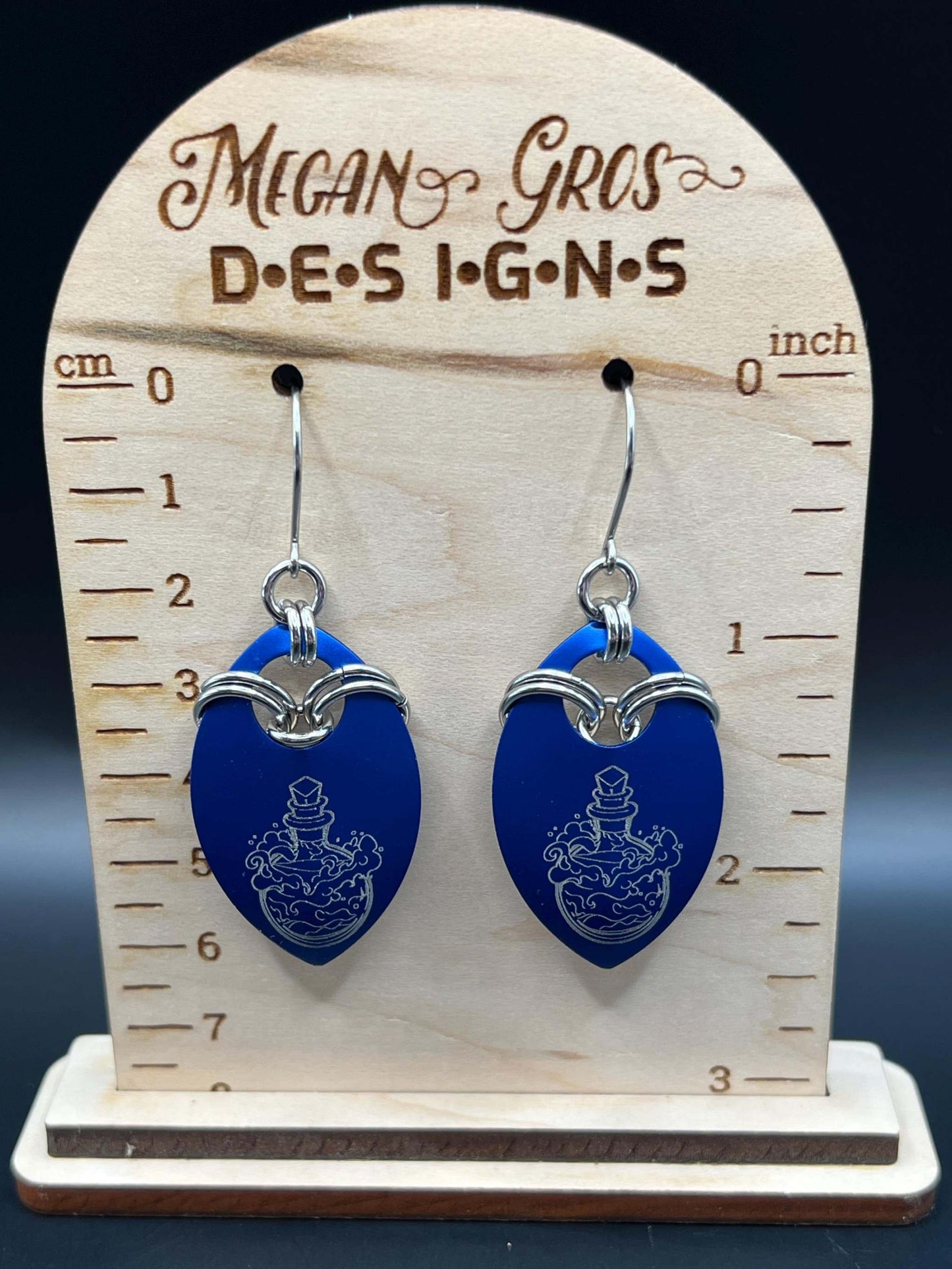 MAGIC Potion Bottle Engraved Scale Earrings Measuring Approx. 2.5" Long