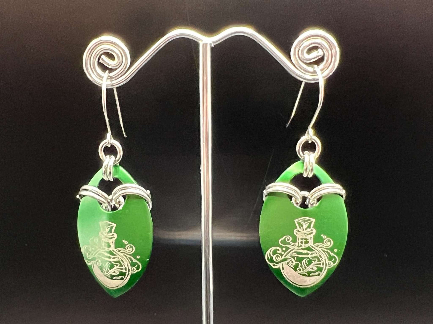 STAMINA Potion Bottle Engraved Scale Earrings Measuring Approx. 2.5" Long