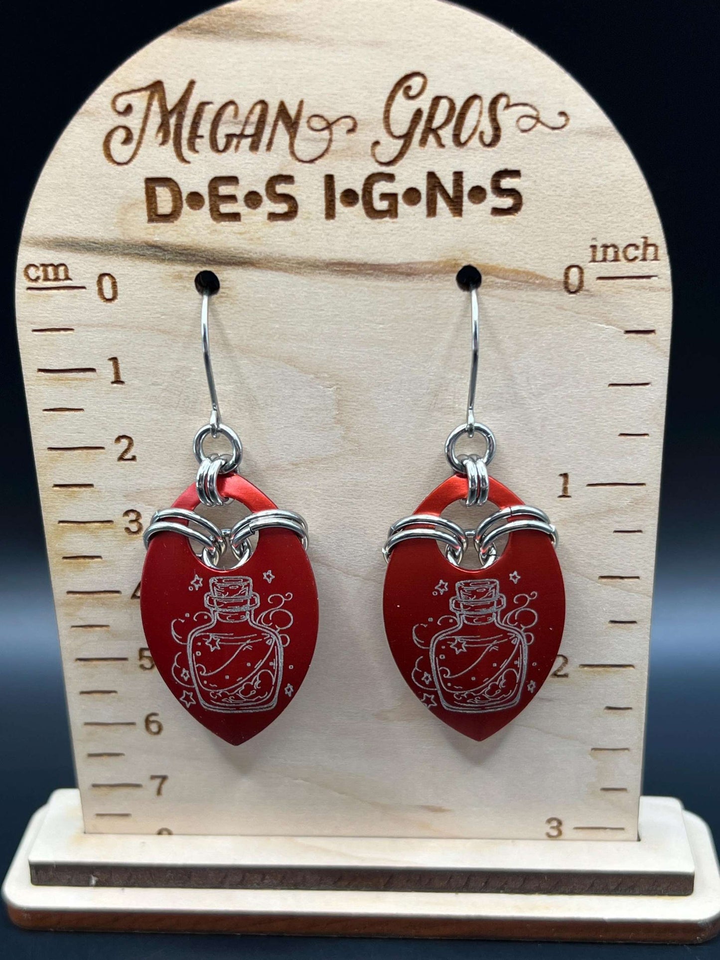 HEALTH Potion Bottle Engraved Scale Earrings Measuring Approx. 2.5" Long