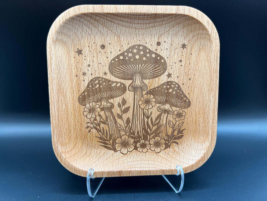 Mushroom Cluster Laser Engraved Wood Trinket Tray Measuring Approx. 5" in Diameter. Jewellery Storage, Decorative Tray