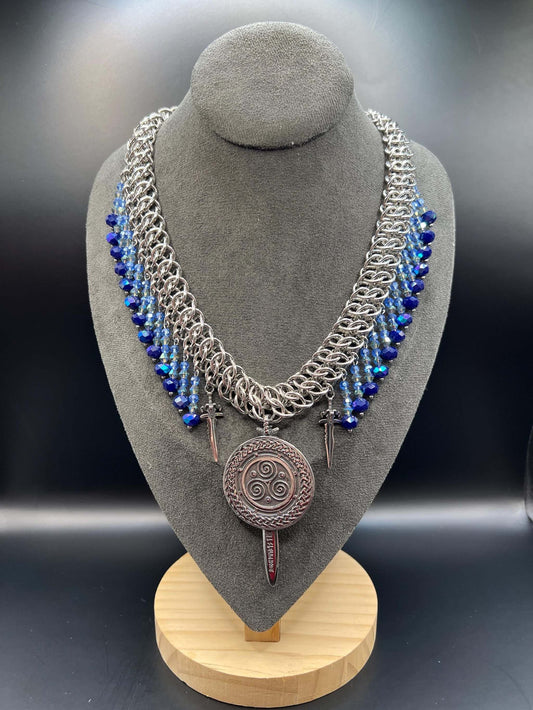 OOAK Statement Necklace - The Sword Master, Solid Stainless Steel inc. Clasp, Glass Beads, Measures Approx. 18-20" Long