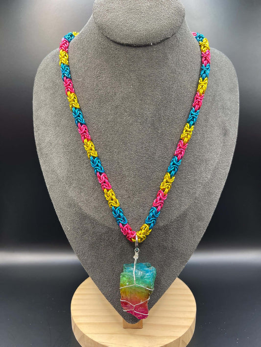 Dyed Quartz Pendant in Green, Yellow & Pink Chainmaille Necklace, Petite Byzantine, Anodized Aluminum, Measures Approx. 19.5-21" Long