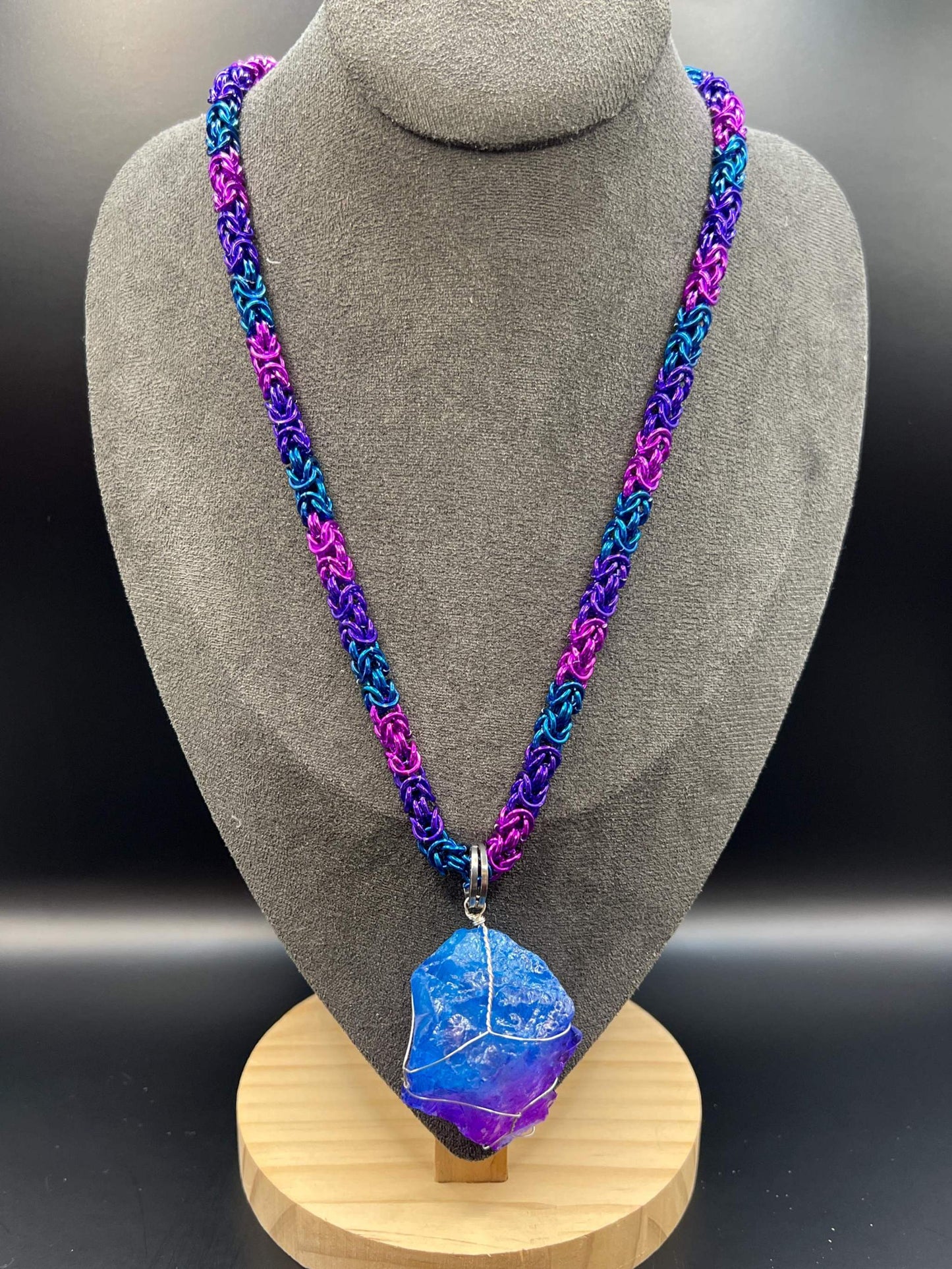 Dyed Quartz Pendant in Purples & Blue Chainmaille Necklace, Petite Byzantine, Anodized Aluminum, Measures Approx. 19.5-21" Long