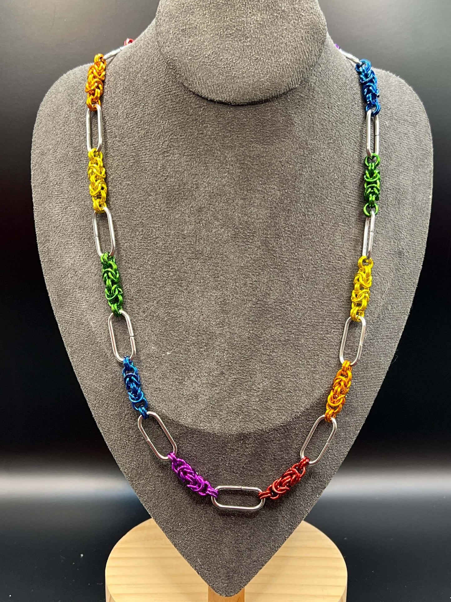 Rainbow Paperclip Chain & Petite Byzantine Chainmaille Necklace, Anodized Aluminum, Measures Approx. 23.5" Long