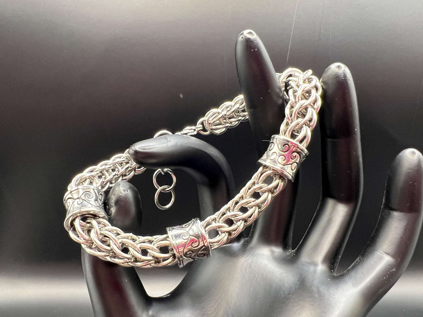 Foxtail with Beads Solid Stainless Steel Bracelet, Chainmaille, Stainless Steel Lobster Clasp, Adjustable 7.5-9" Long