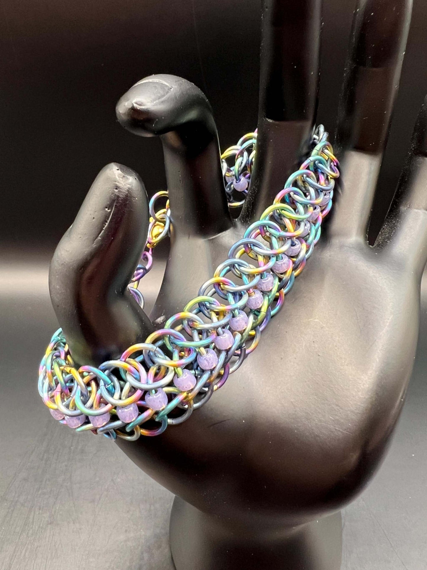 Glass Beaded Alligator Back Solid Rainbow Anodized Titanium Bracelet, Chainmaille, Stainless Steel Lobster Clasp, Adjustable 8.25-9.5" Long
