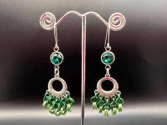 Green & Silver Chainmaille Chandelier Earrings with Glass Gems, Surgical Steel Hooks, Earrings Measure Approx. 2.75" Long Inc. Hooks