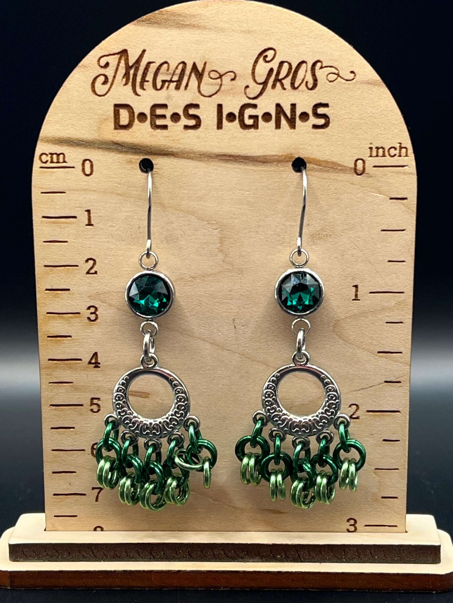 Green & Silver Chainmaille Chandelier Earrings with Glass Gems, Surgical Steel Hooks, Earrings Measure Approx. 2.75" Long Inc. Hooks