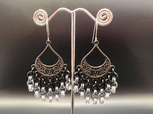 Grayscale Chainmaille Chandelier Earrings, Surgical Steel Hooks, Earrings Measure Approx. 3" Long Inc. Hooks