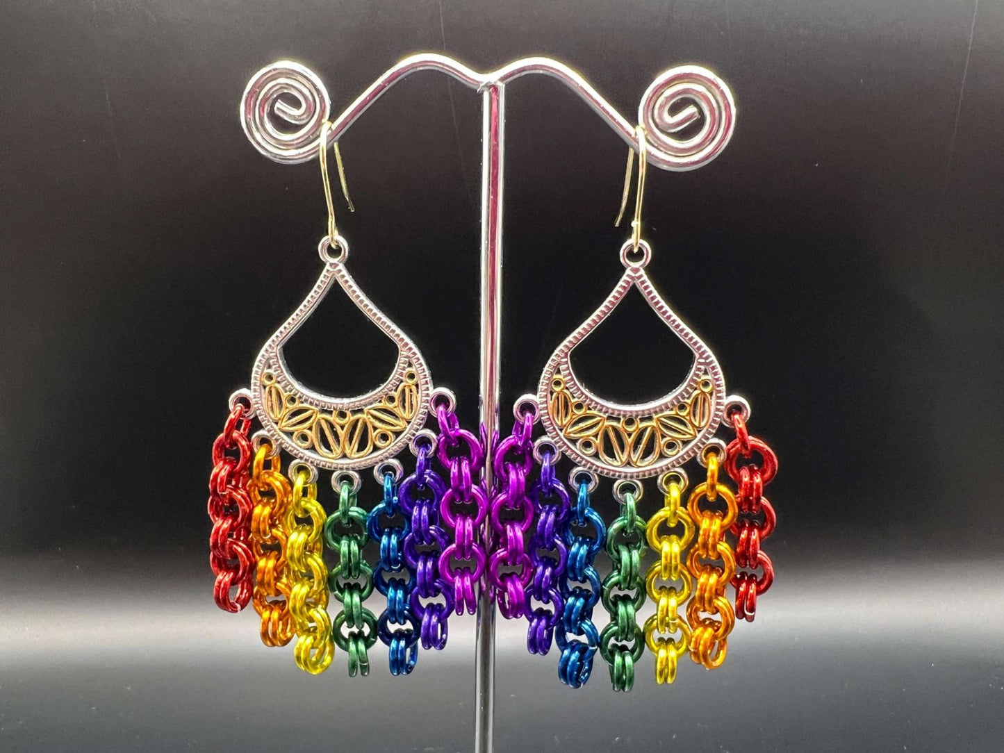 Rainbow Chainmaille Chandelier Earrings, Surgical Steel Hooks, Earrings Measure Approx. 3" Long Inc. Hooks