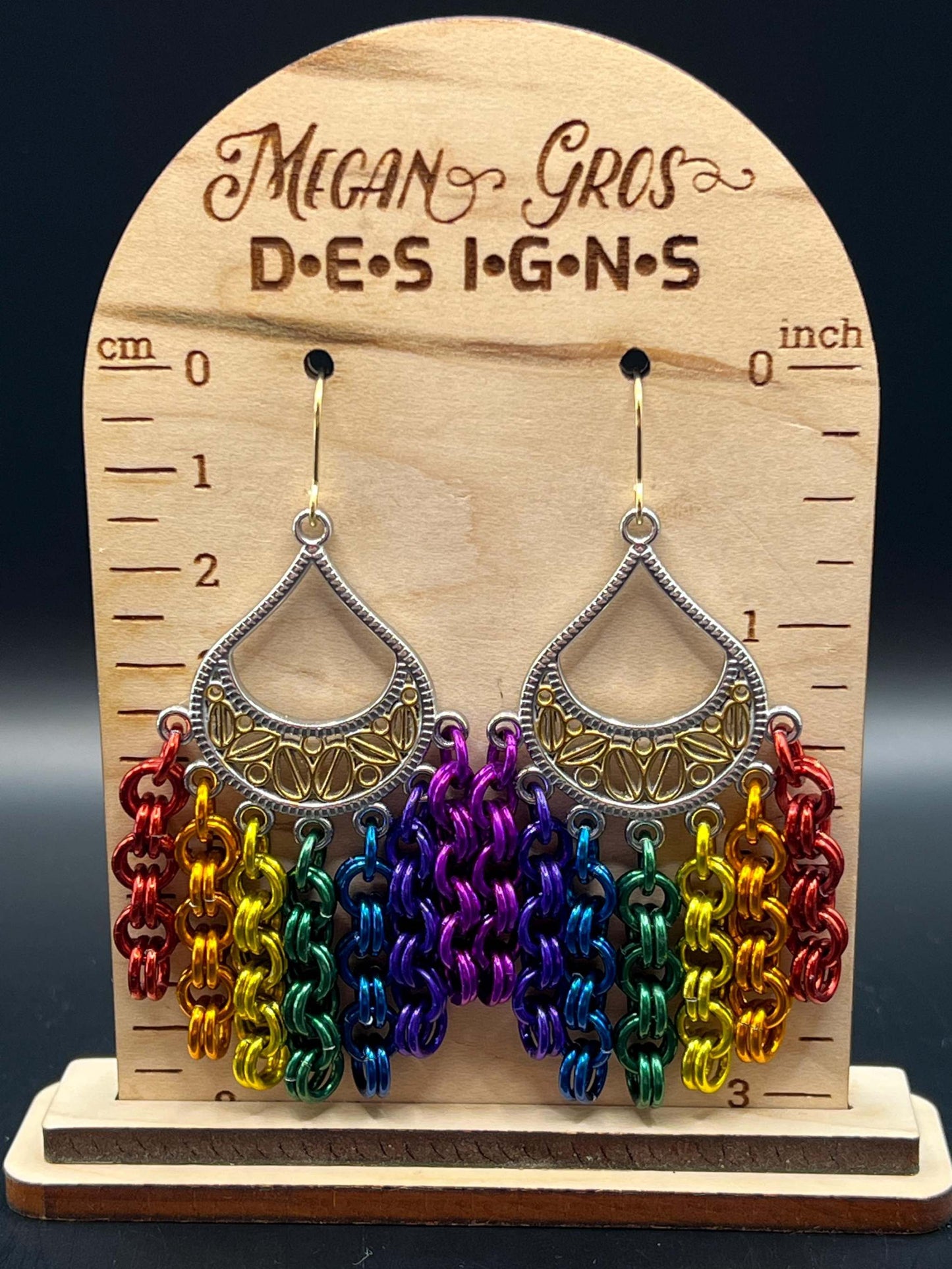 Rainbow Chainmaille Chandelier Earrings, Surgical Steel Hooks, Earrings Measure Approx. 3" Long Inc. Hooks