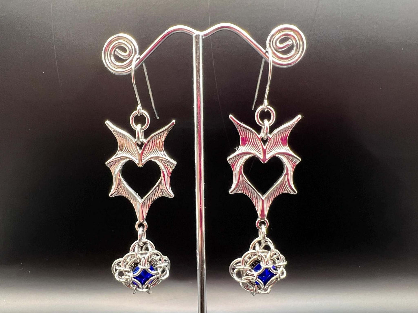 Romantasy-Inspired Bat Wing Chainmaille Earrings with BLUE Glass Gems, Surgical Steel Hooks, Earrings Measure Approx. 3" Long Inc. Hooks