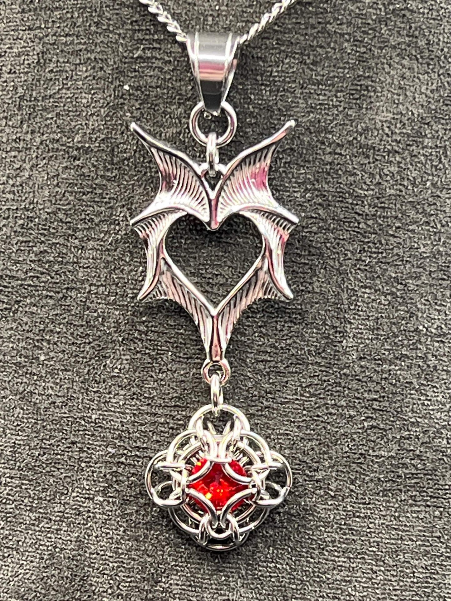Romantasy-Inspired Bat Wing Pendant with RED Glass Gem, Solid Stainless Steel Chainmaille Pendant on 20" Stainless Steel Necklace Chain